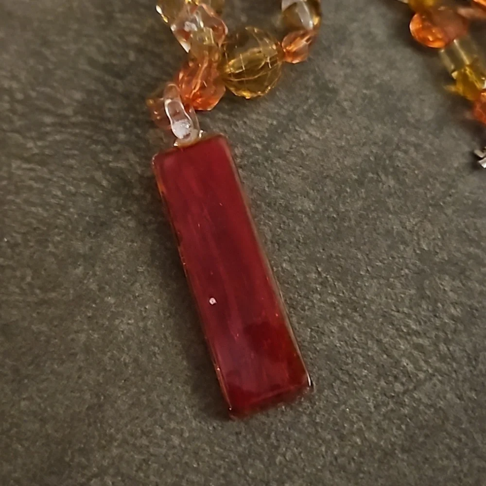 HANDMADE Orange Dichroic Glass Pendant Beaded Necklace